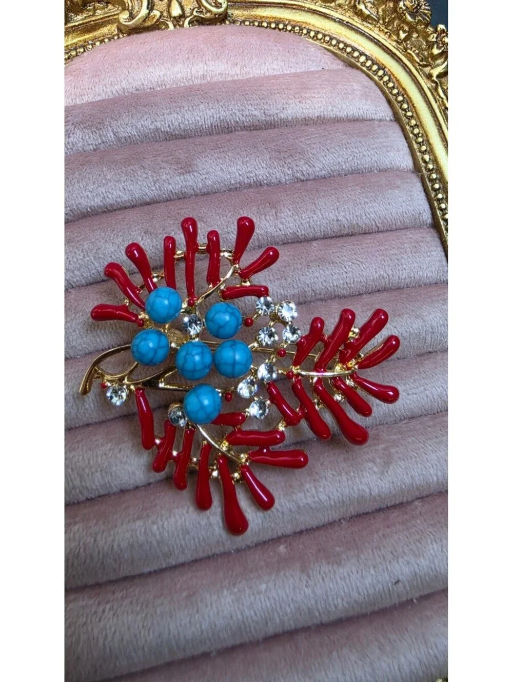 Vintage-Style Red Coral & Coral and Turquoise Blue Rhinestone Brooch Pin